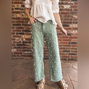 POL Sage Green Beaded Distressed Raw Hem Straight Leg Denim